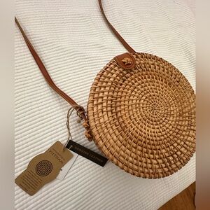 Handwoven Round Rattan Straw Crossbody Bags for Women 8” with Leather Strap